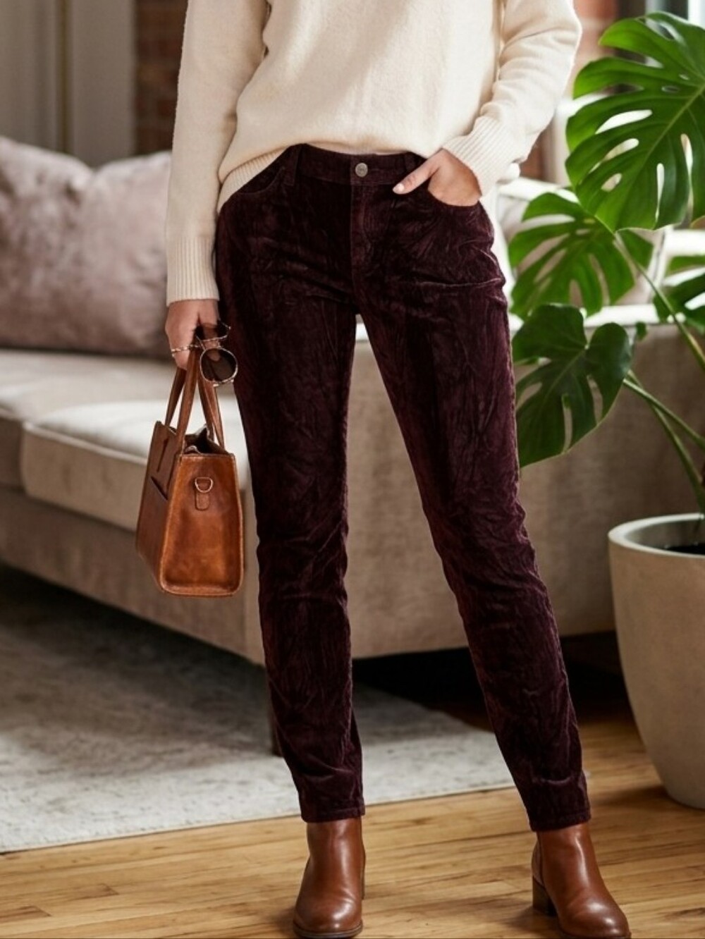 Garnet Hill Dark‎ Burgandy Velvet Pants Womens Size 4 Preppy Classic City Office